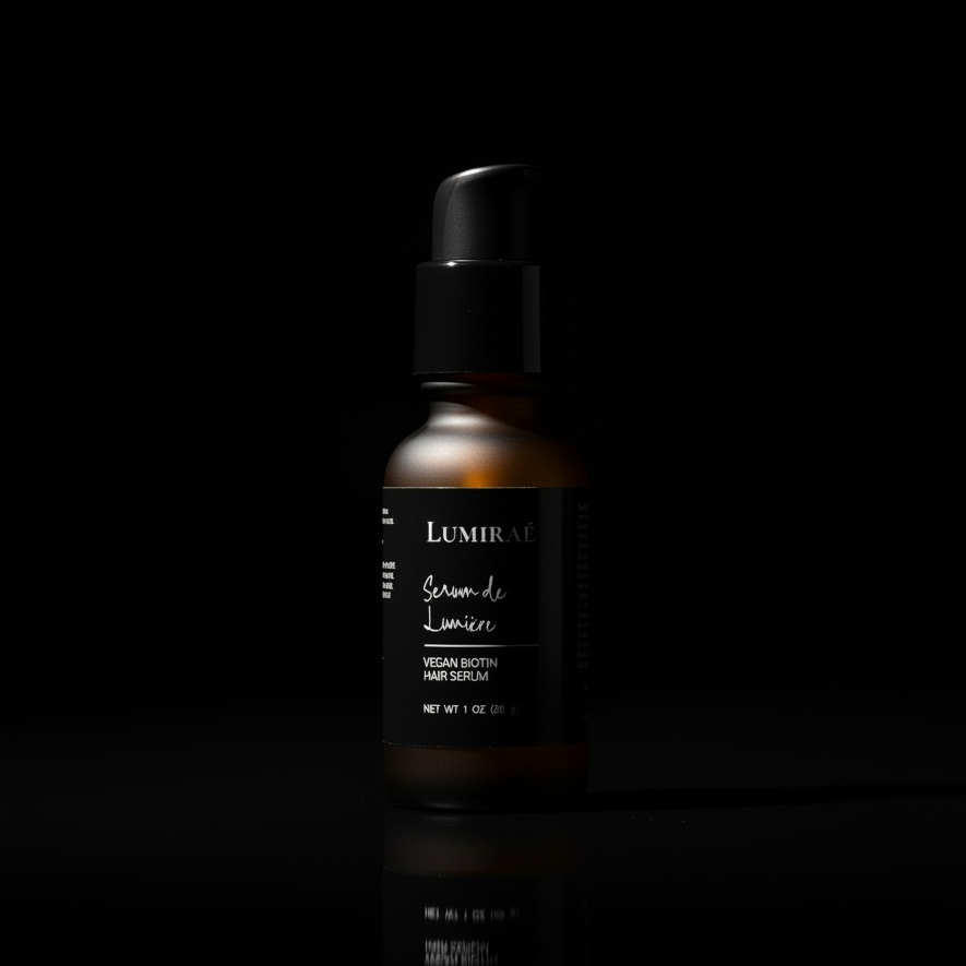 Lumiraé serum bottle on a black background