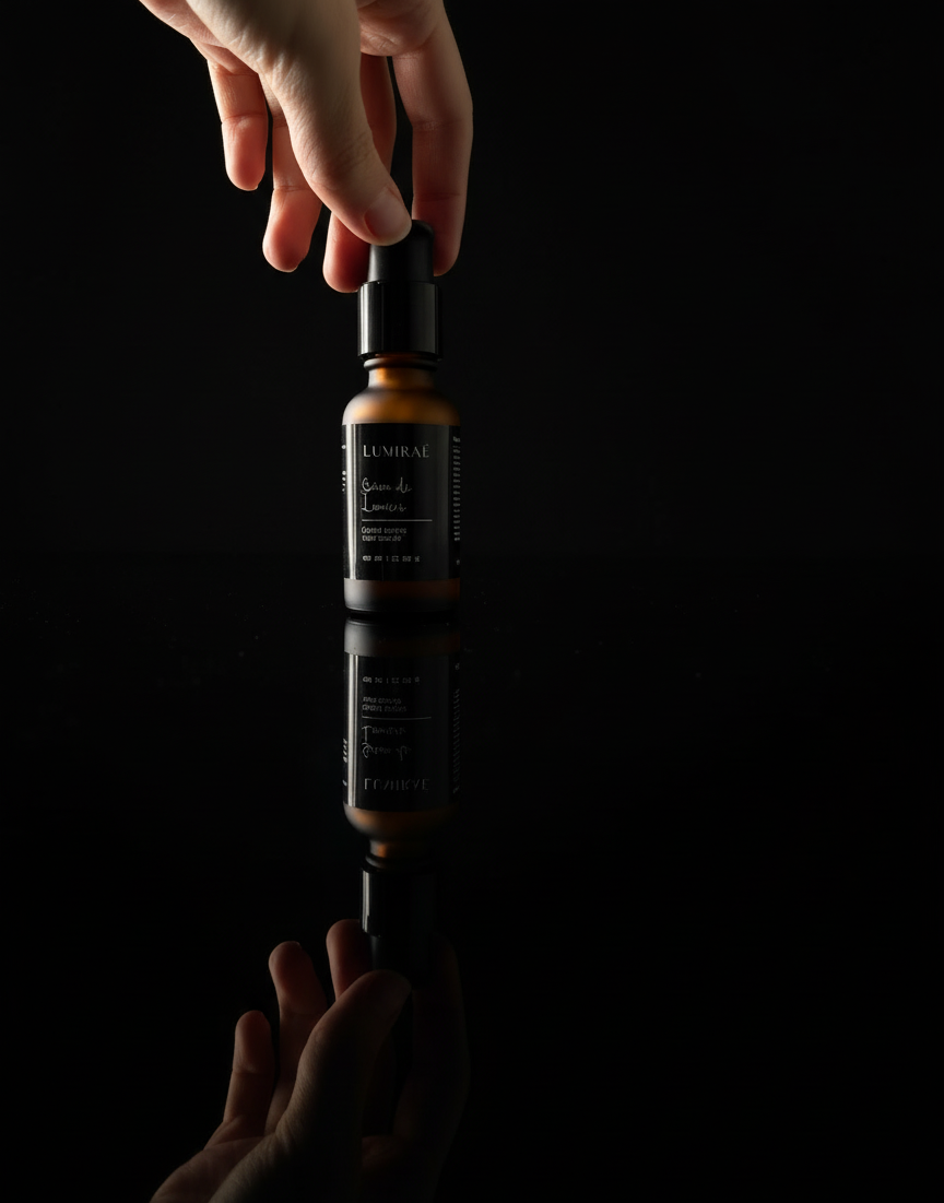Hand holding a dark glass bottle of Lumiraé hair serum on a reflective black surface.