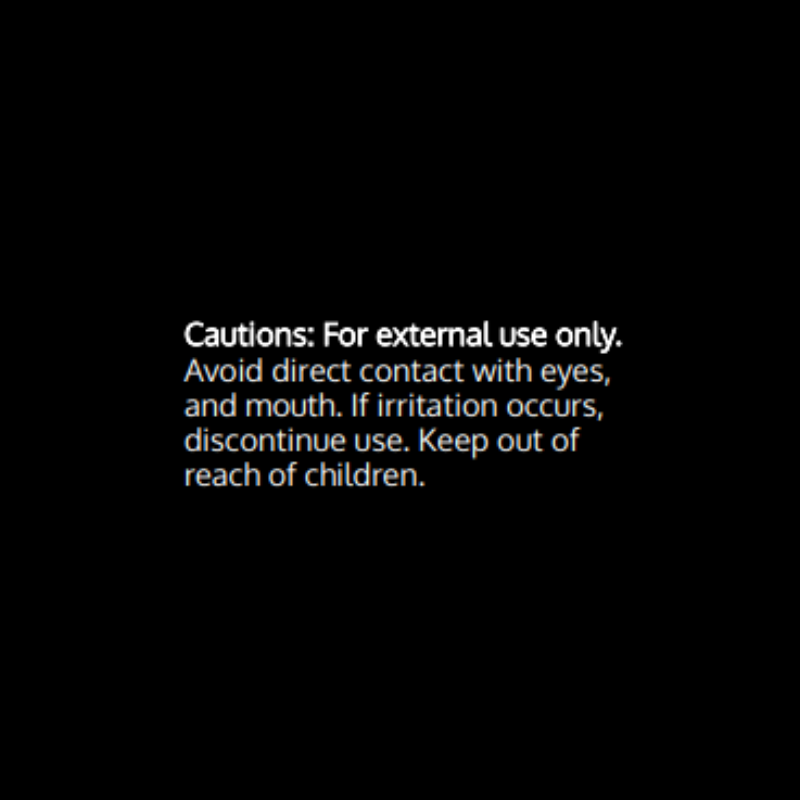 Black background with white text displaying cautions for external use only.